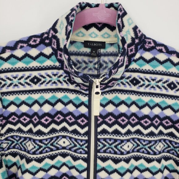 Talbots Fair Isle Print Full Zip Up Fleece Jacket M Womens Teal Blue Purple - Picture 6 of 7